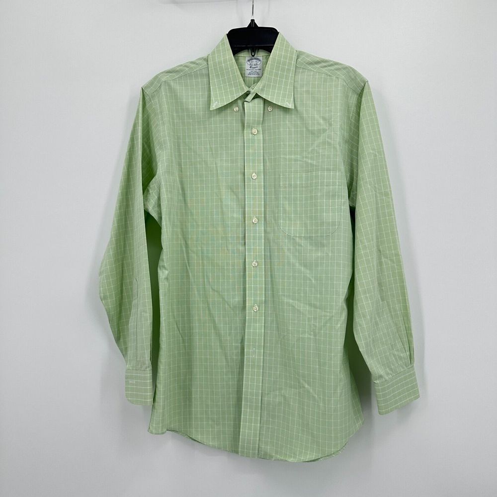 Vtg Brooks Brothers Dress Shirt Mens 15.5 Lime Green Windowpane‎ Wedding Church